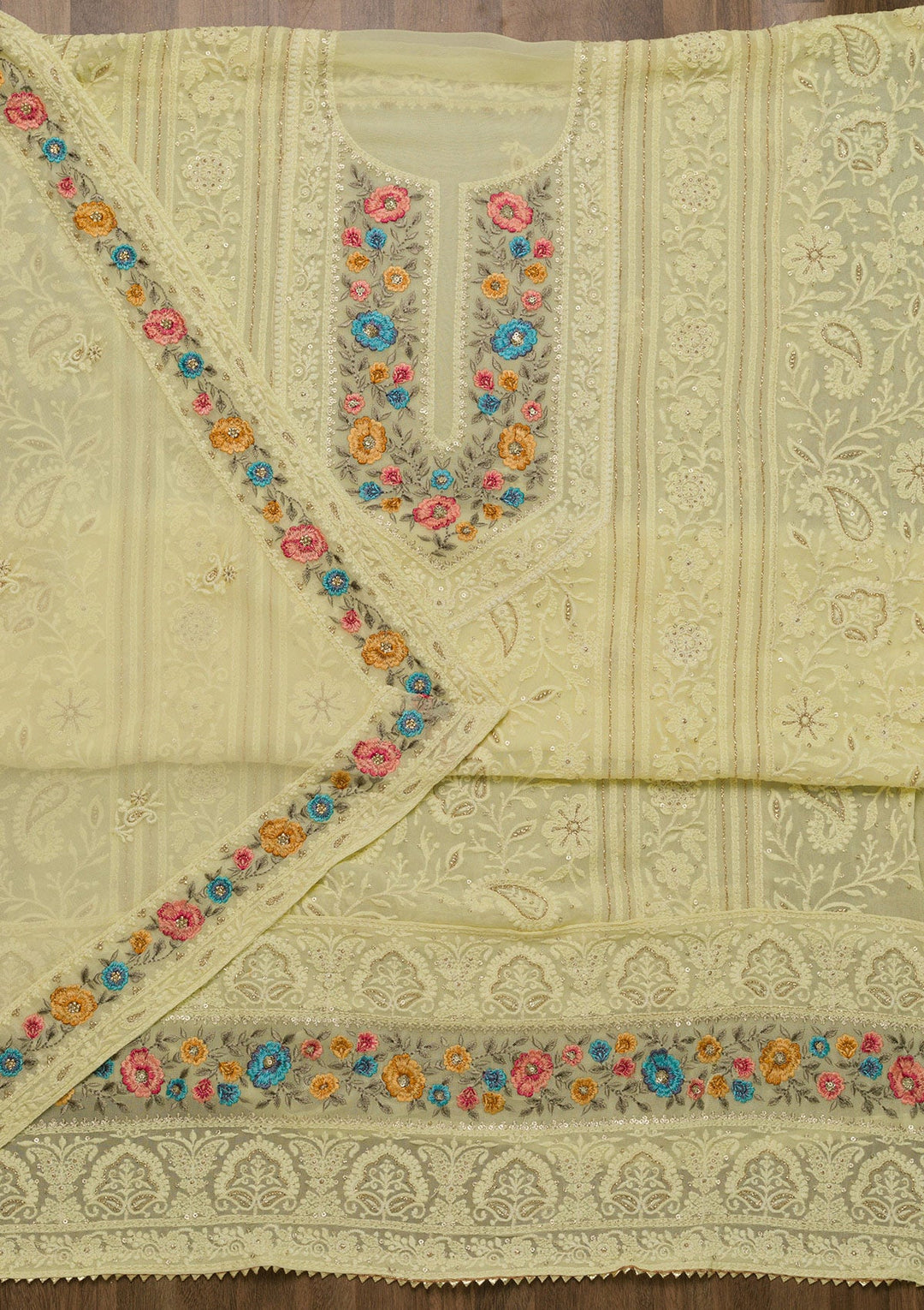 Lemon Yellow Threadwork Georgette Unstitched Salwar Suit-Koskii