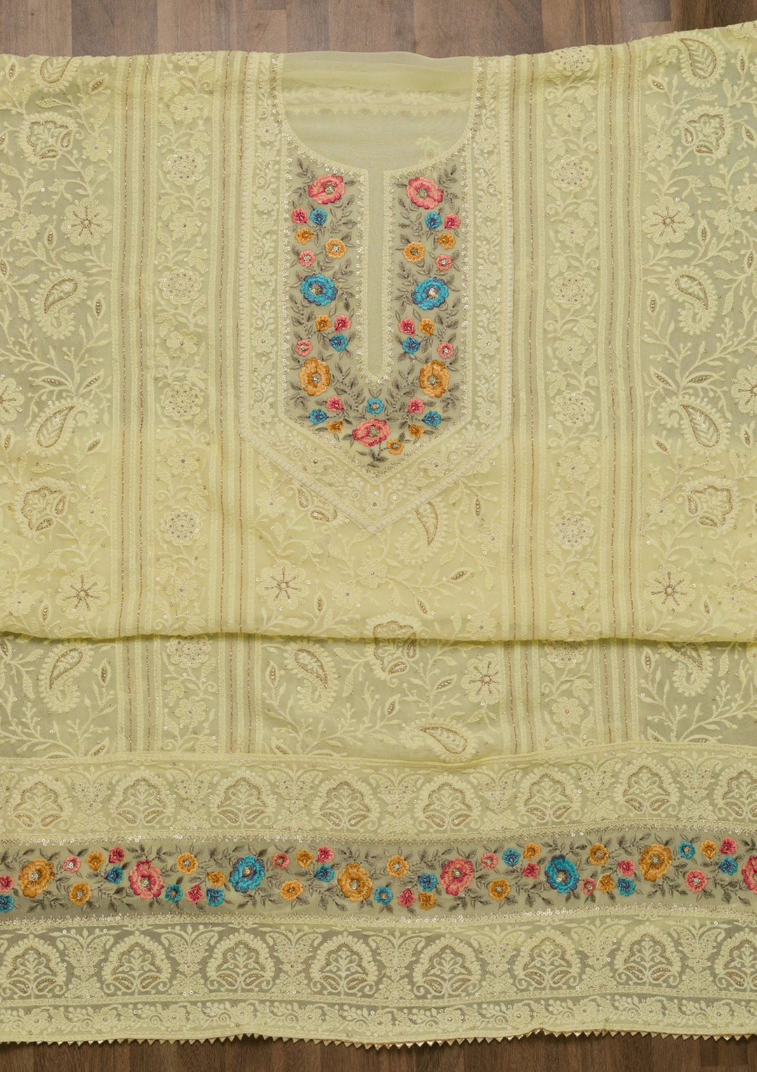 Lemon Yellow Threadwork Georgette Unstitched Salwar Suit-Koskii