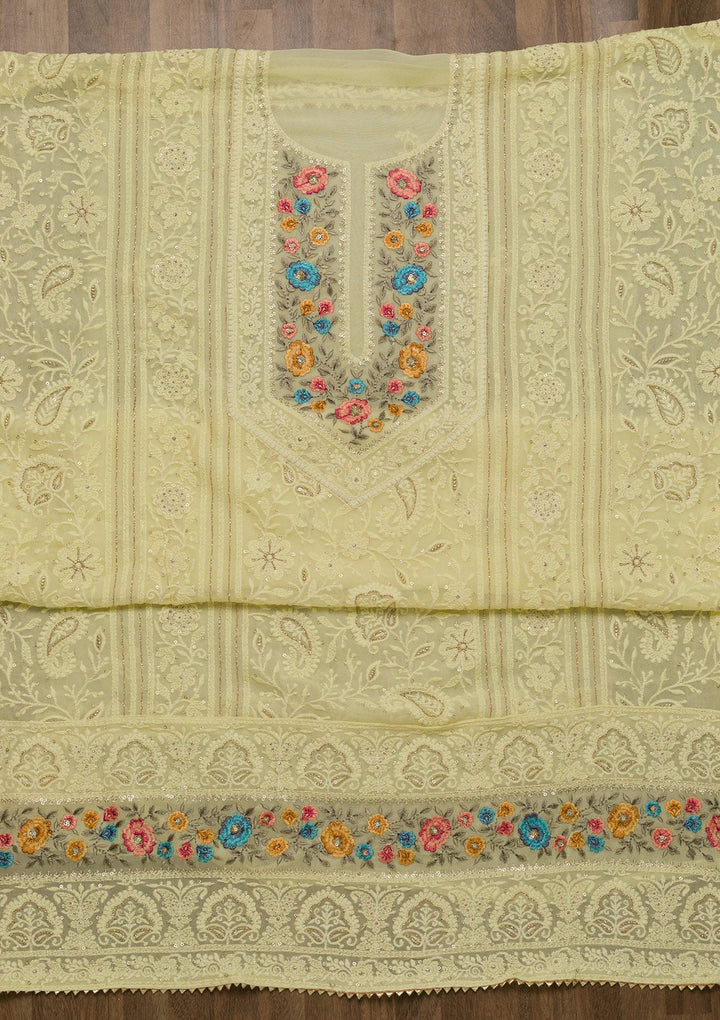 Lemon Yellow Threadwork Georgette Unstitched Salwar Suit-Koskii