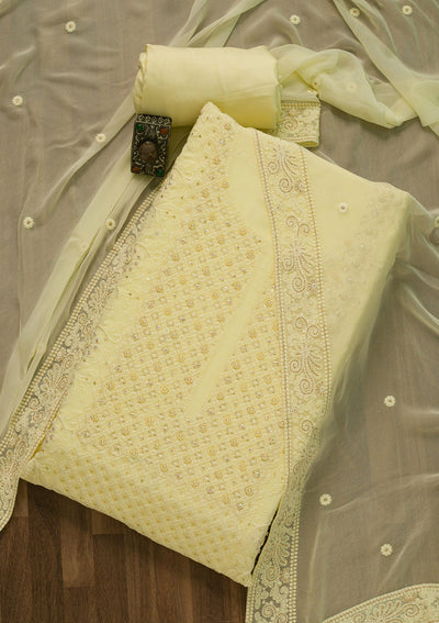 Lemon Yellow Threadwork Georgette Unstitched Salwar Suit-Koskii