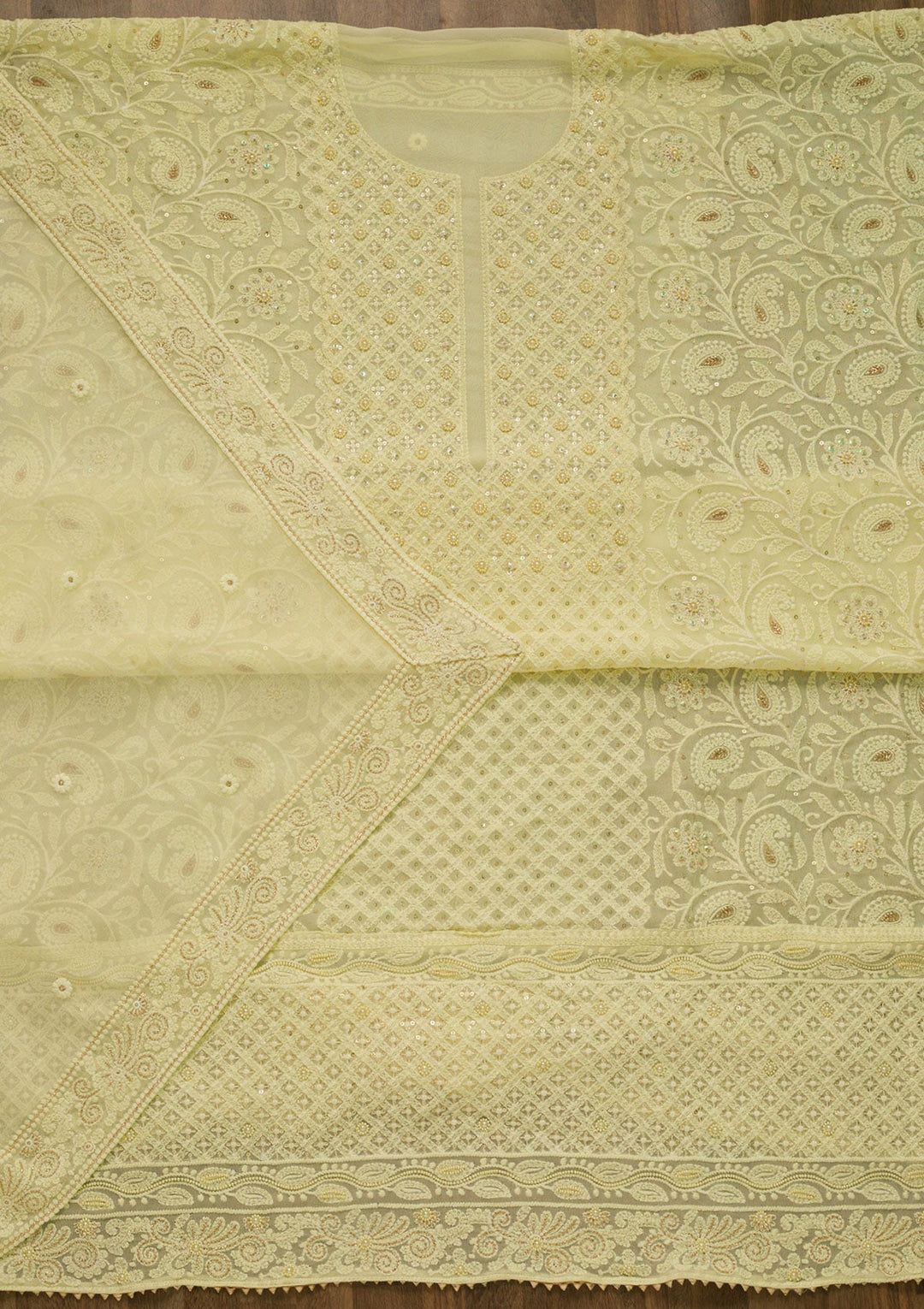 Lemon Yellow Threadwork Georgette Unstitched Salwar Suit-Koskii