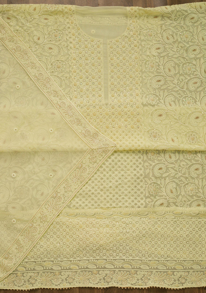 Lemon Yellow Threadwork Georgette Unstitched Salwar Suit-Koskii