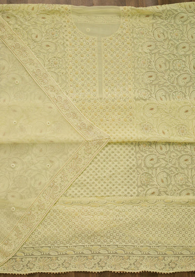 Lemon Yellow Threadwork Georgette Unstitched Salwar Suit-Koskii