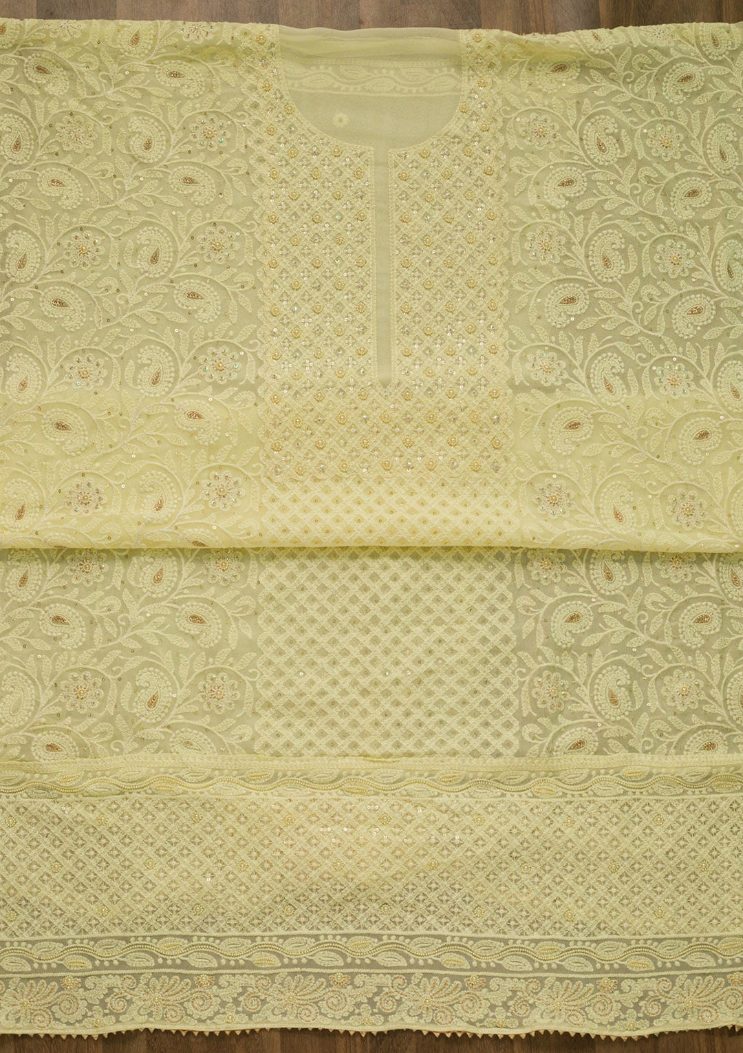 Lemon Yellow Threadwork Georgette Unstitched Salwar Suit-Koskii