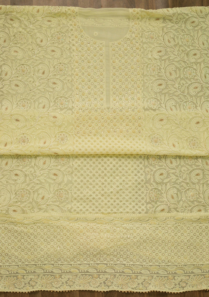 Lemon Yellow Threadwork Georgette Unstitched Salwar Suit-Koskii