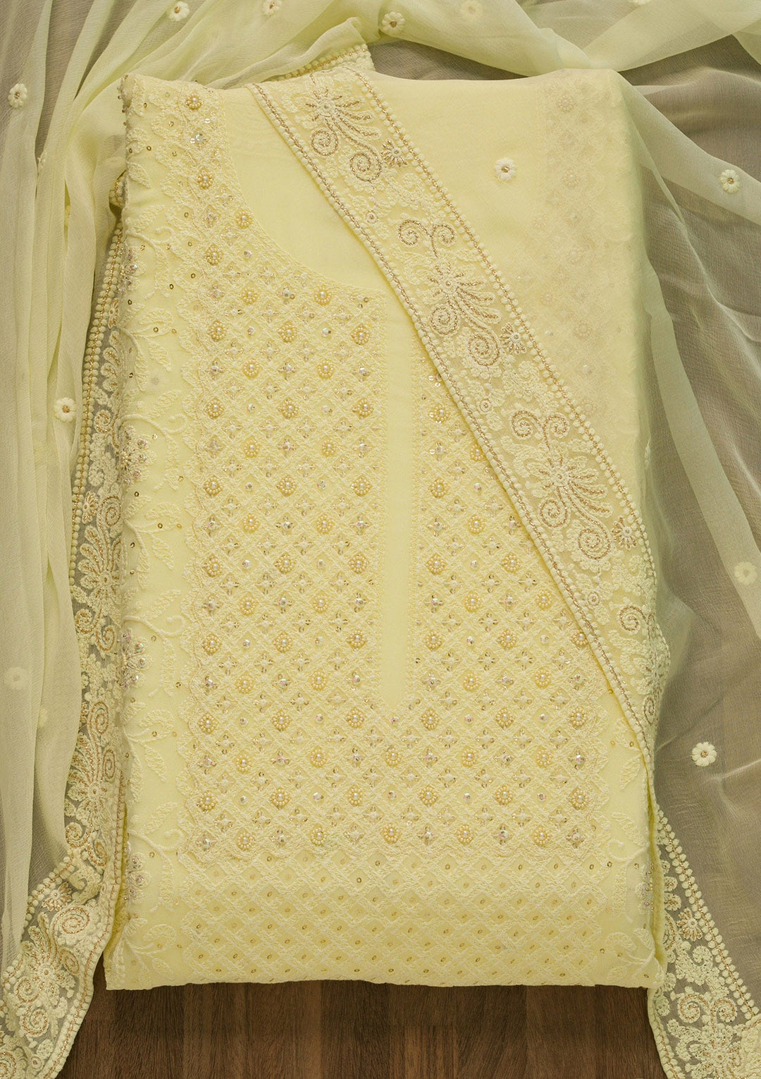 Lemon Yellow Threadwork Georgette Unstitched Salwar Suit-Koskii
