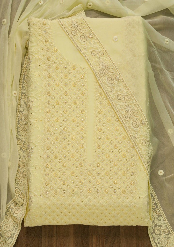 Lemon Yellow Threadwork Georgette Unstitched Salwar Suit-Koskii
