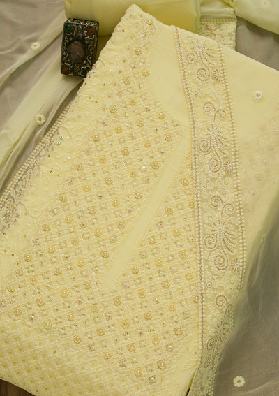 Lemon Yellow Threadwork Georgette Unstitched Salwar Suit-Koskii