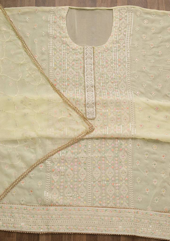 Lemon Yellow Threadwork Georgette Unstitched Salwar Suit-Koskii