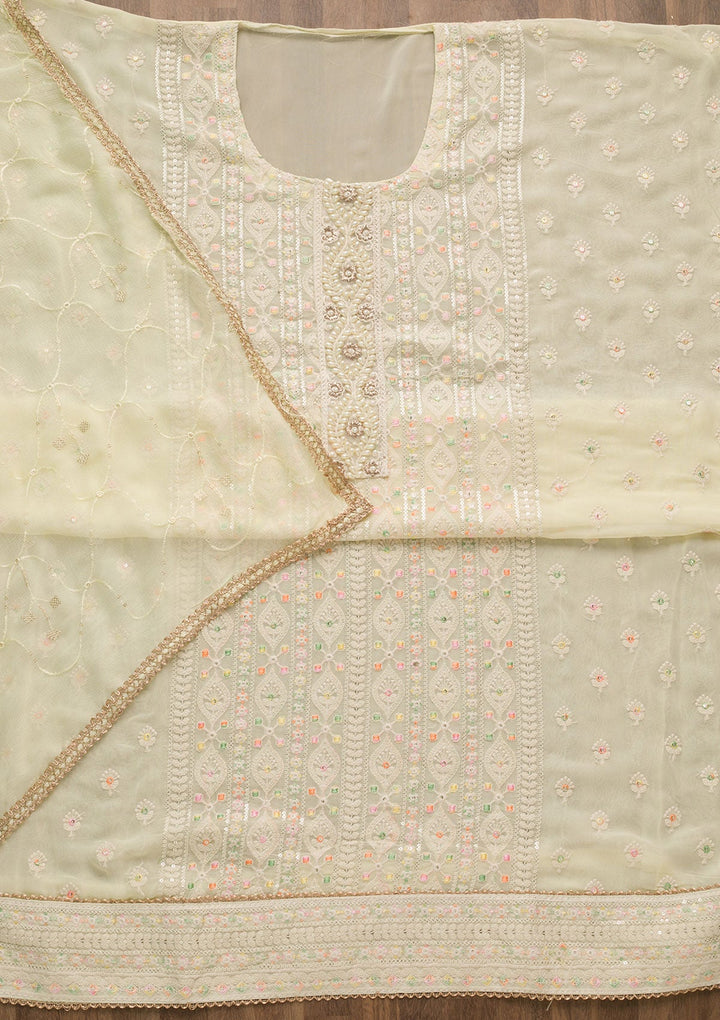 Lemon Yellow Threadwork Georgette Unstitched Salwar Suit-Koskii