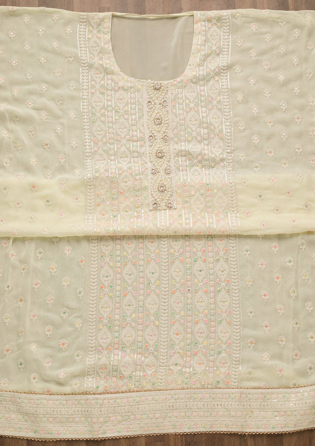 Lemon Yellow Threadwork Georgette Unstitched Salwar Suit-Koskii