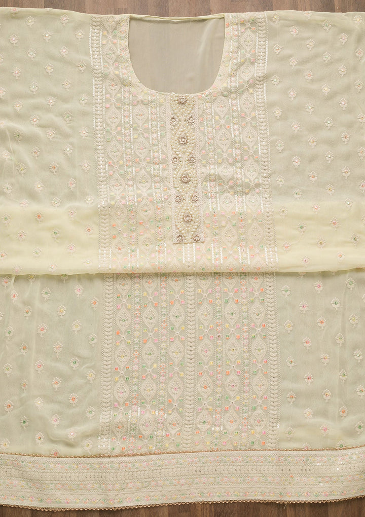 Lemon Yellow Threadwork Georgette Unstitched Salwar Suit-Koskii