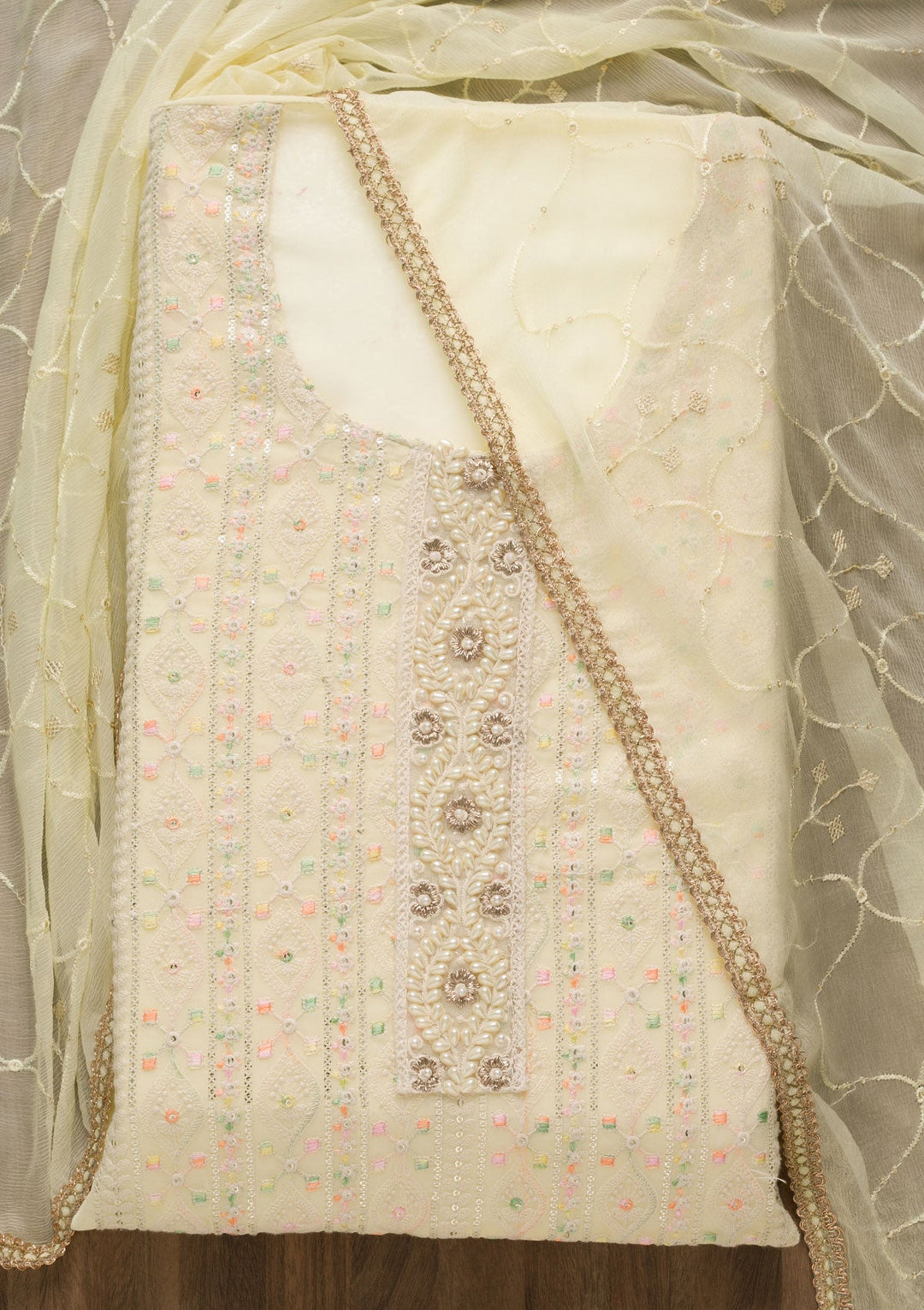Lemon Yellow Threadwork Georgette Unstitched Salwar Suit-Koskii