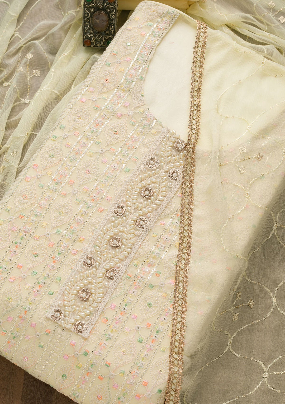 Lemon Yellow Threadwork Georgette Unstitched Salwar Suit-Koskii