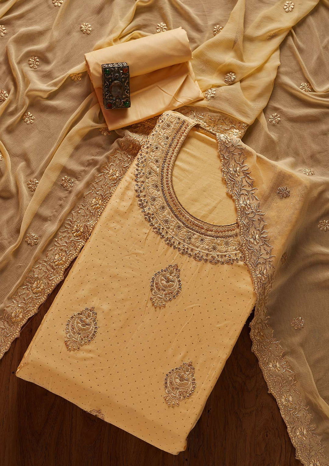 Lemon Yellow Threadwork Semi Crepe Designer Unstitched Salwar Suit - koskii