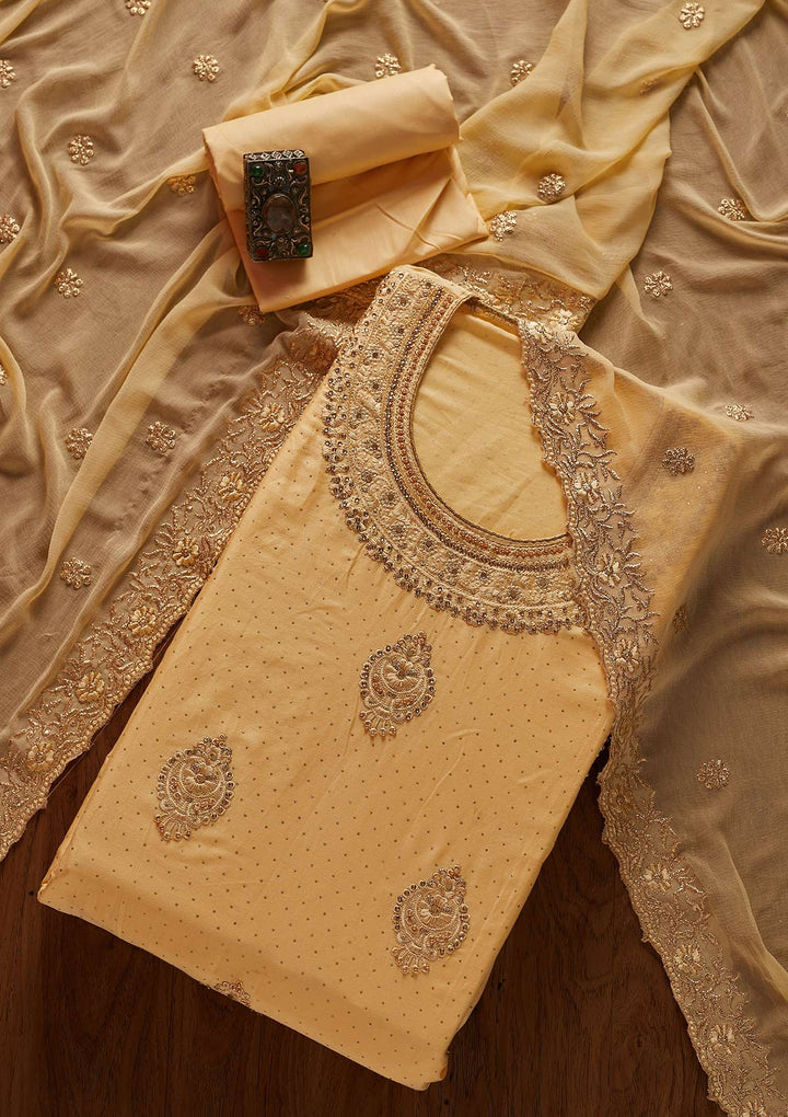 Lemon Yellow Threadwork Semi Crepe Designer Unstitched Salwar Suit - koskii