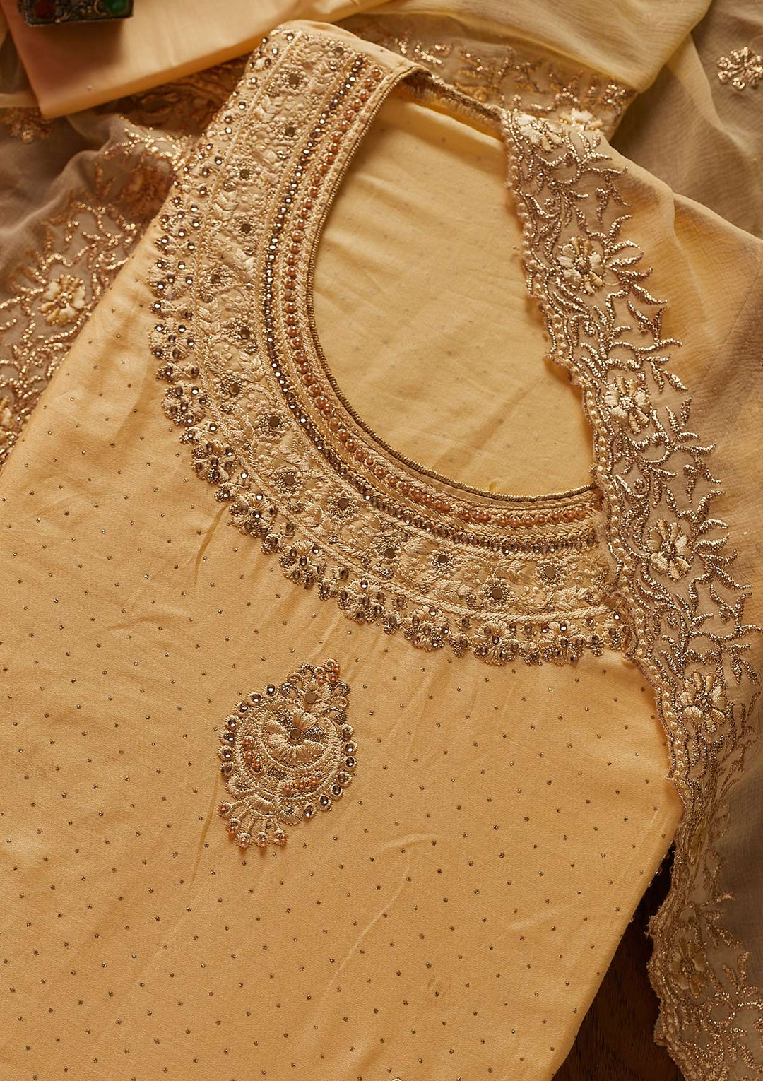 Lemon Yellow Threadwork Semi Crepe Designer Unstitched Salwar Suit - koskii