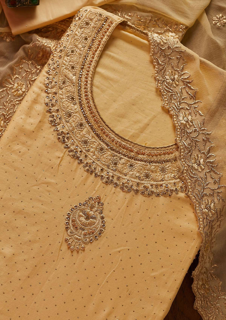 Lemon Yellow Threadwork Semi Crepe Designer Unstitched Salwar Suit - koskii