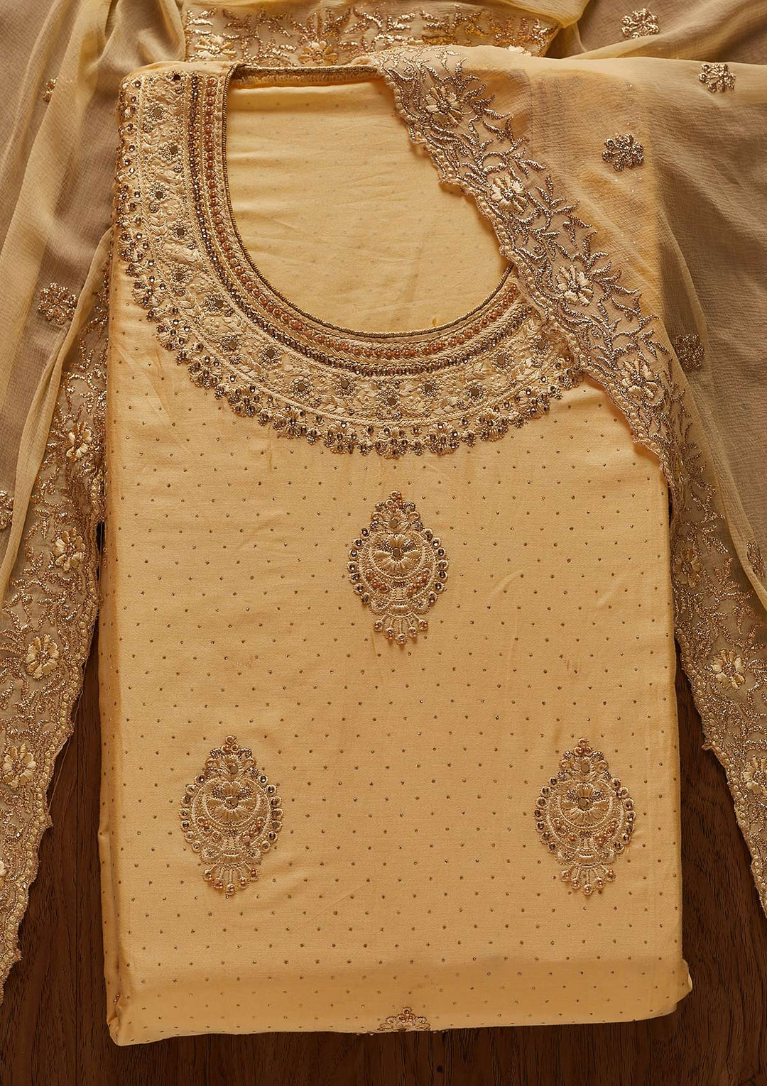 Lemon Yellow Threadwork Semi Crepe Designer Unstitched Salwar Suit - koskii