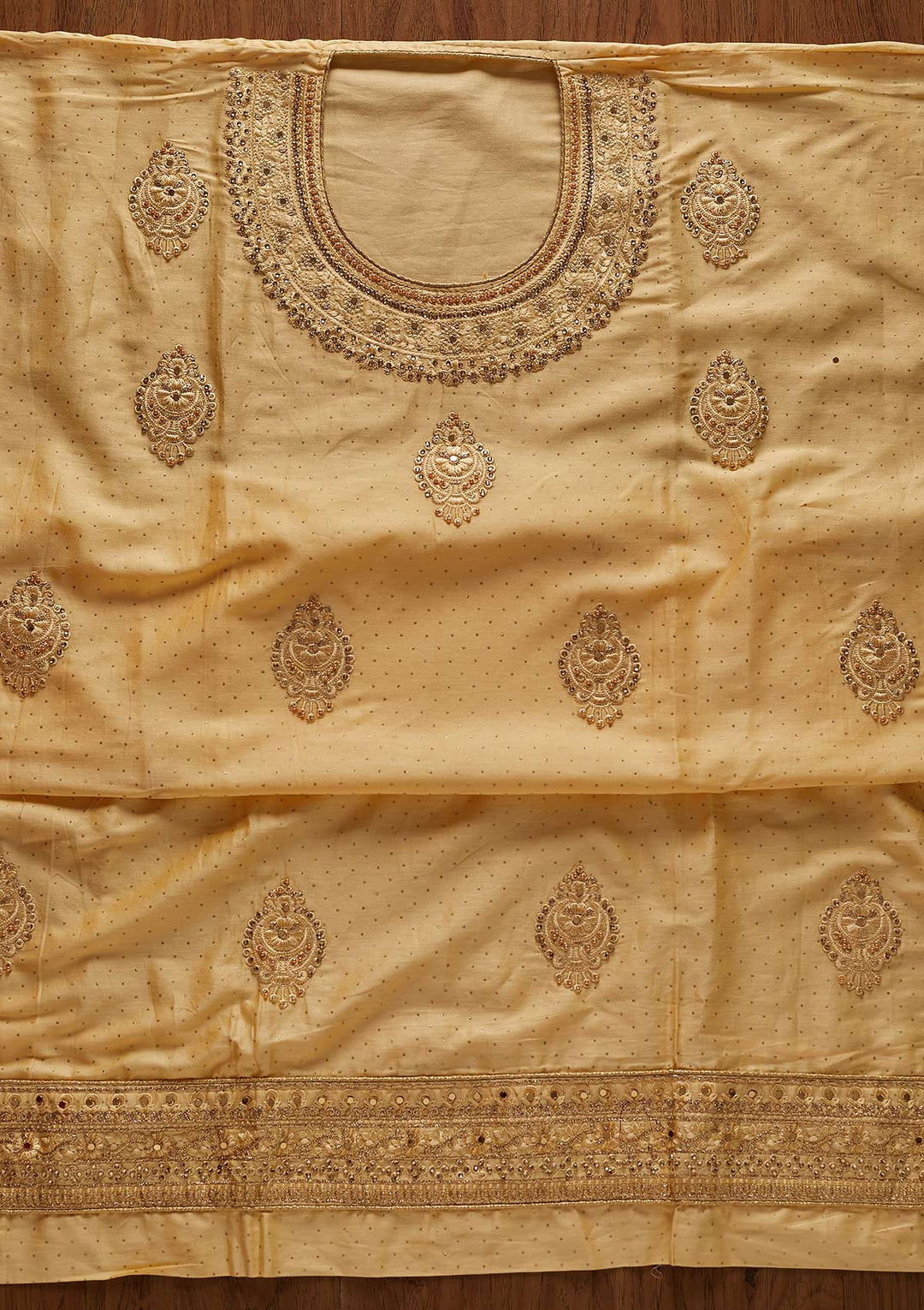 Lemon Yellow Threadwork Semi Crepe Designer Unstitched Salwar Suit - koskii
