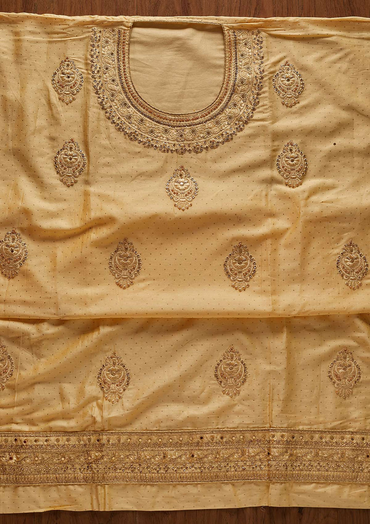 Lemon Yellow Threadwork Semi Crepe Designer Unstitched Salwar Suit - koskii