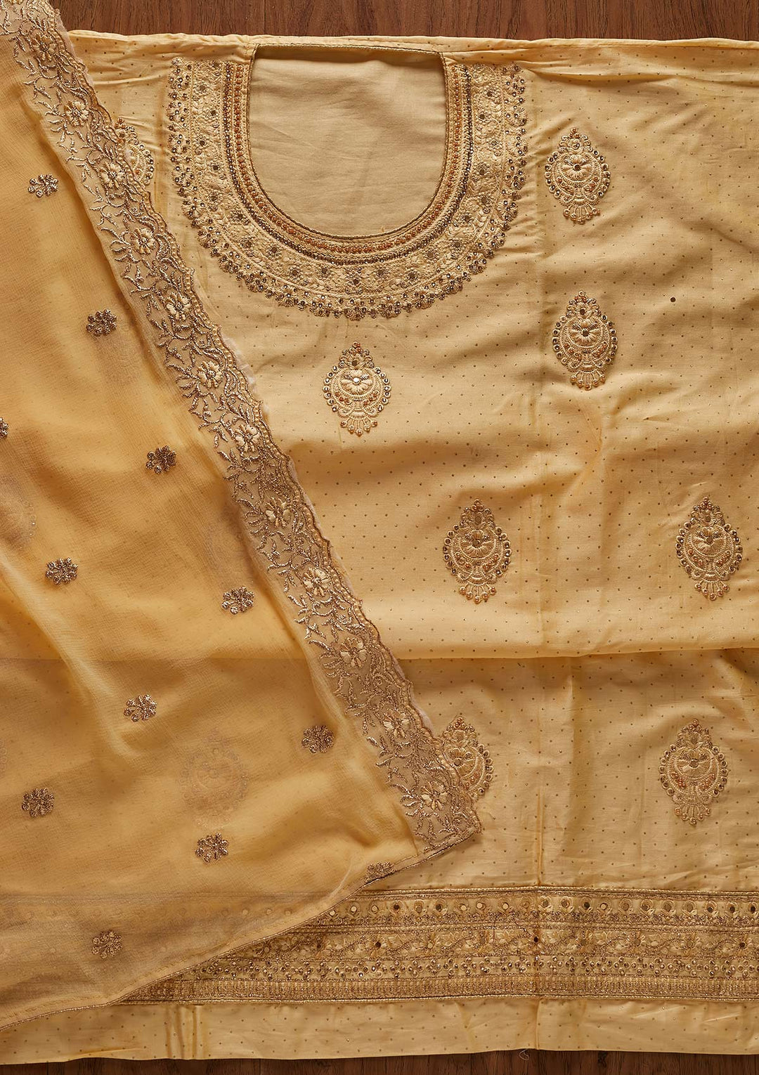 Lemon Yellow Threadwork Semi Crepe Designer Unstitched Salwar Suit - koskii
