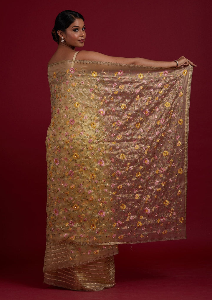 Lemon Yellow Threadwork Tissue Designer Saree - Koskii