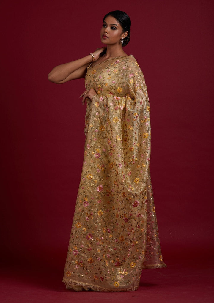 Lemon Yellow Threadwork Tissue Designer Saree - Koskii