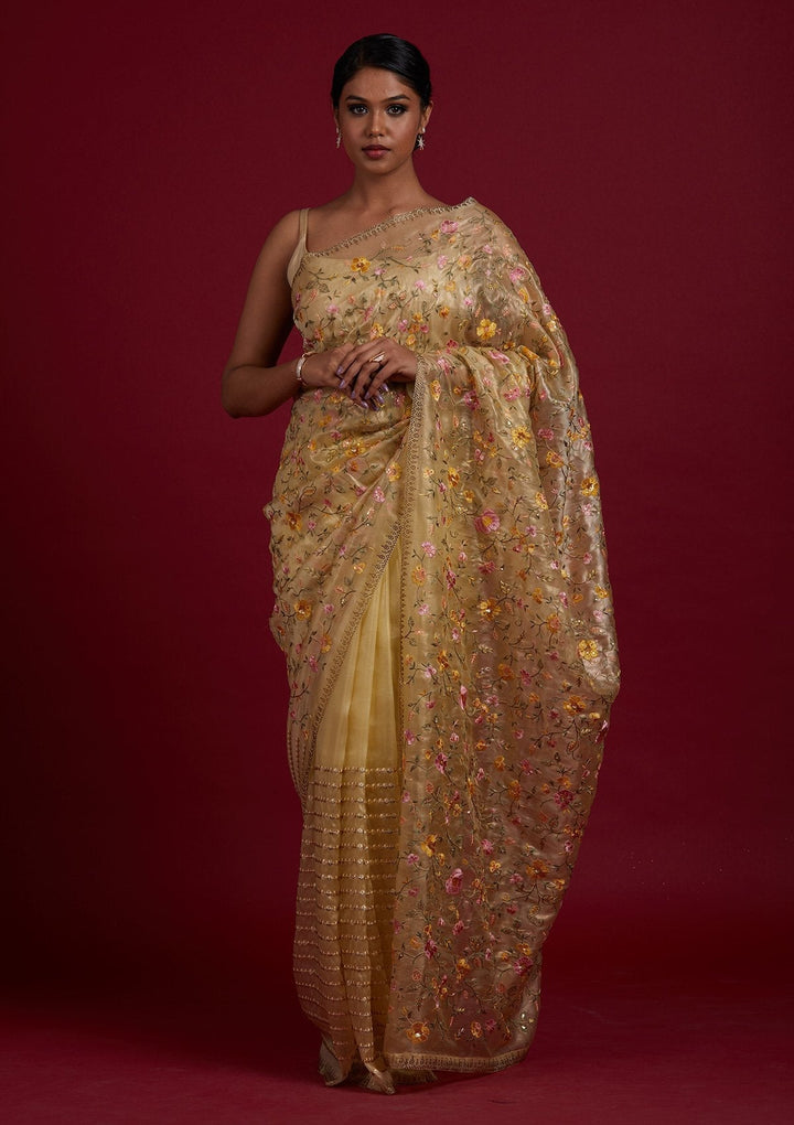 Lemon Yellow Threadwork Tissue Designer Saree - Koskii