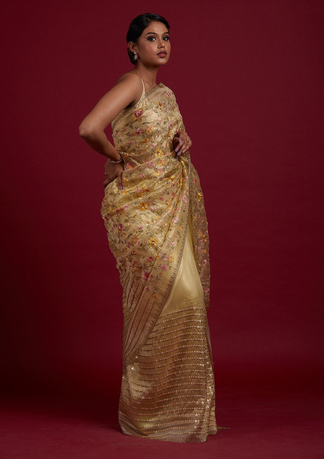 Lemon Yellow Threadwork Tissue Designer Saree - Koskii
