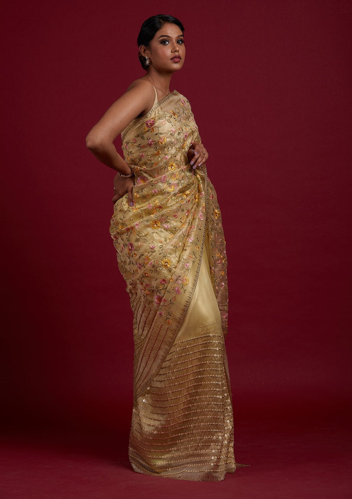 Lemon Yellow Threadwork Tissue Designer Saree - Koskii