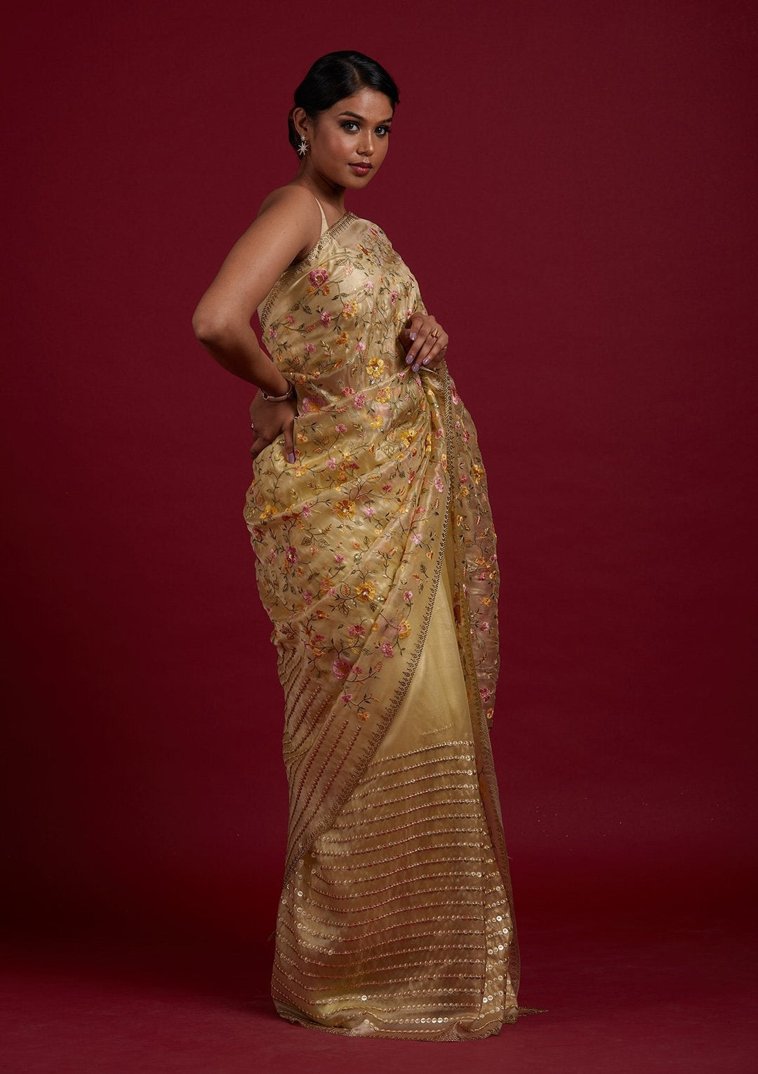 Lemon Yellow Threadwork Tissue Designer Saree - Koskii