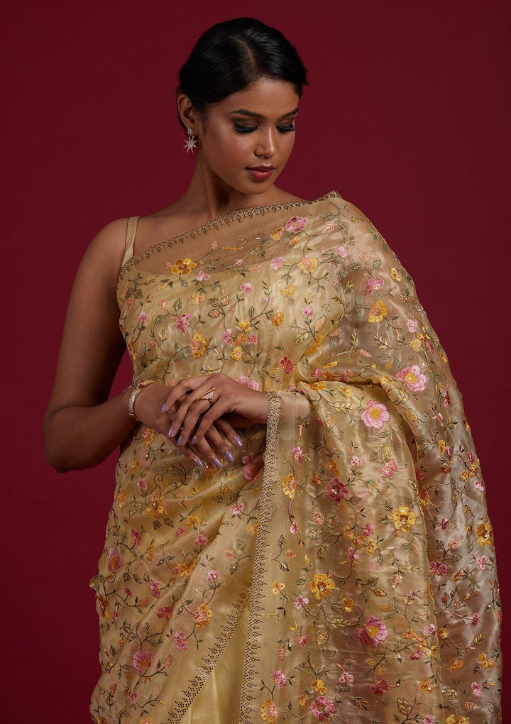 Lemon Yellow Threadwork Tissue Designer Saree - Koskii