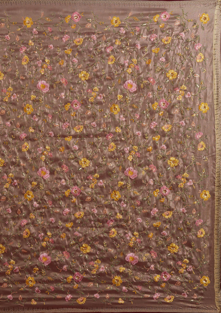 Lemon Yellow Threadwork Tissue Designer Saree - Koskii