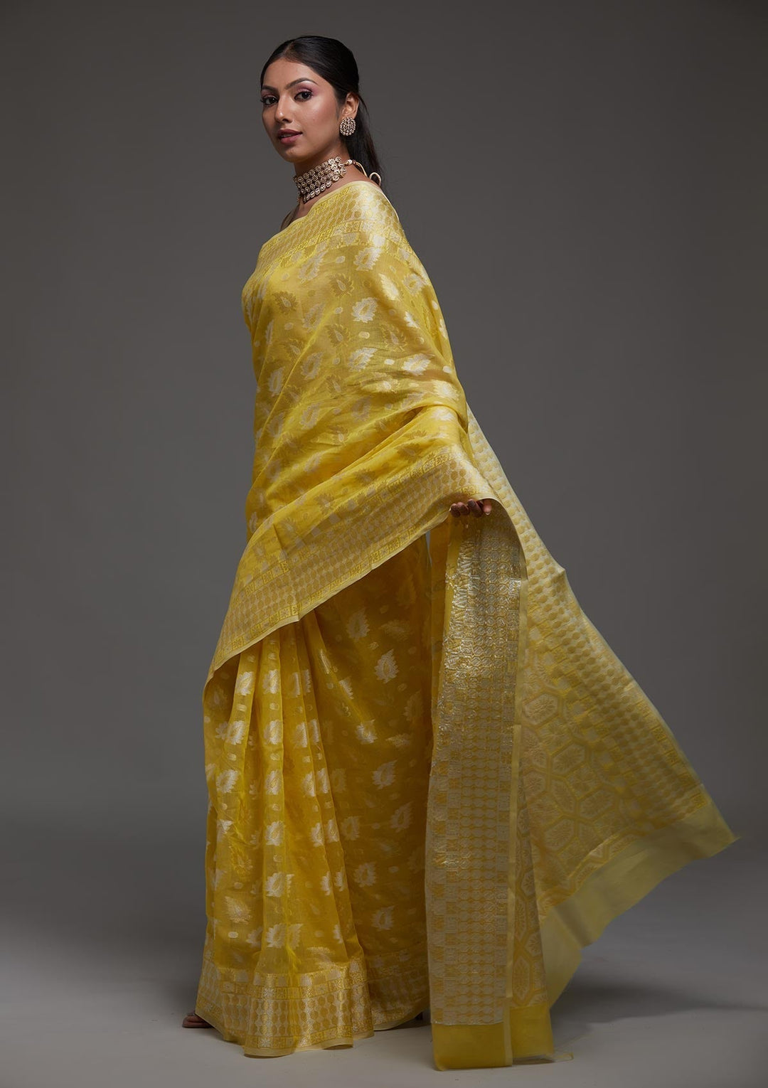 Lemon Yellow Zariwork Chanderi Saree-Koskii