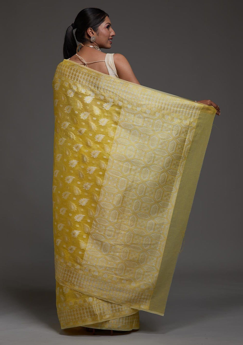Lemon Yellow Zariwork Chanderi Saree-Koskii