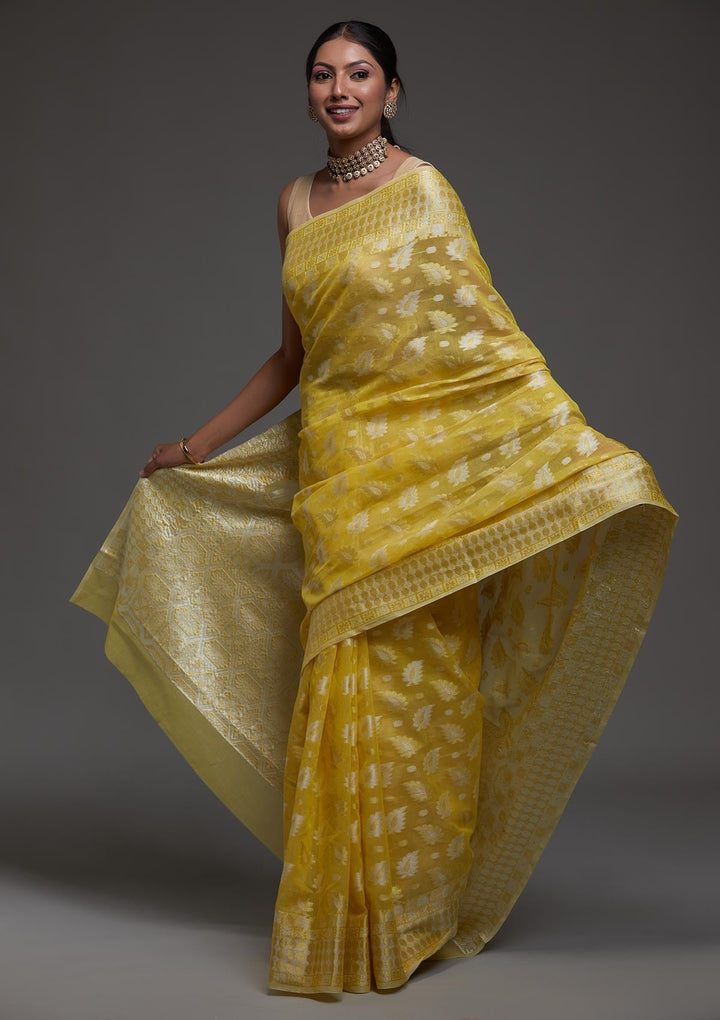 Lemon Yellow Zariwork Chanderi Saree-Koskii