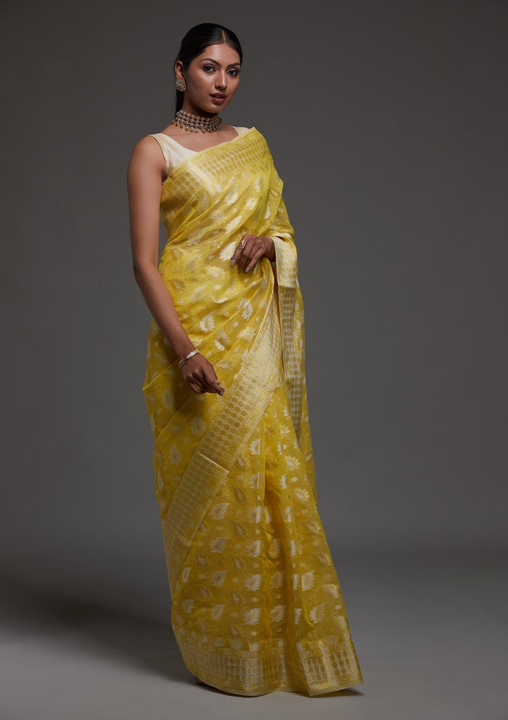 Lemon Yellow Zariwork Chanderi Saree-Koskii