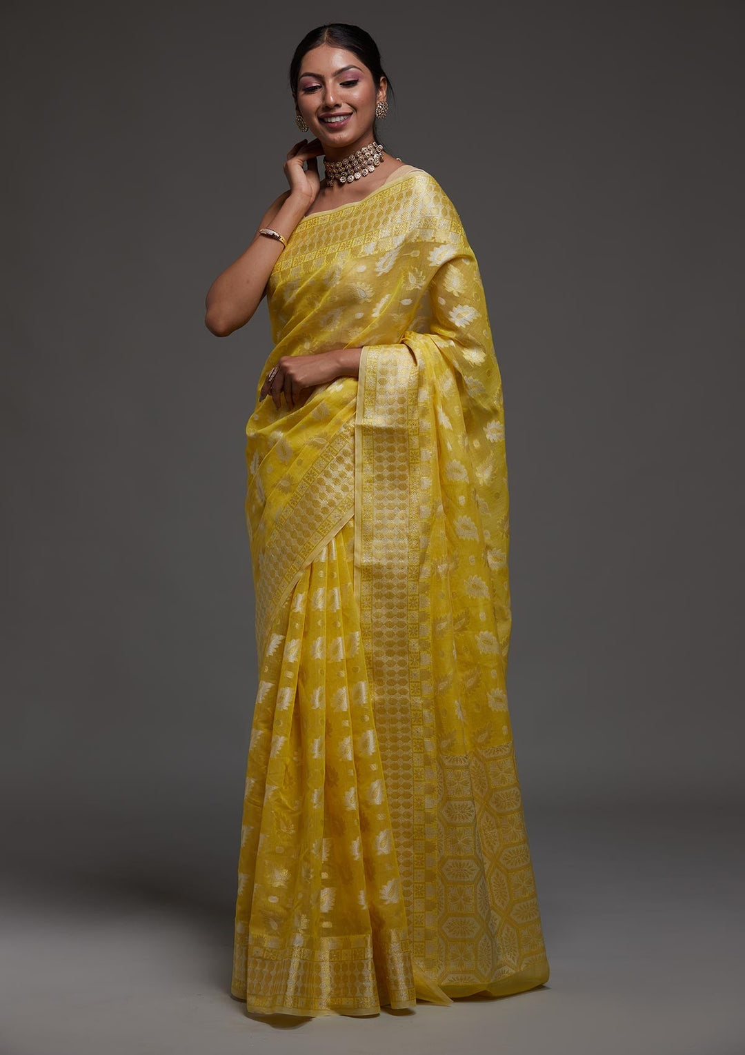 Lemon Yellow Zariwork Chanderi Saree-Koskii