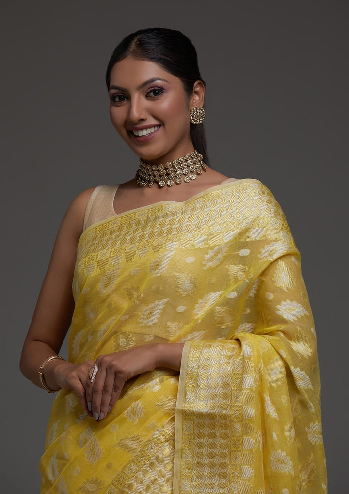 Lemon Yellow Zariwork Chanderi Saree-Koskii