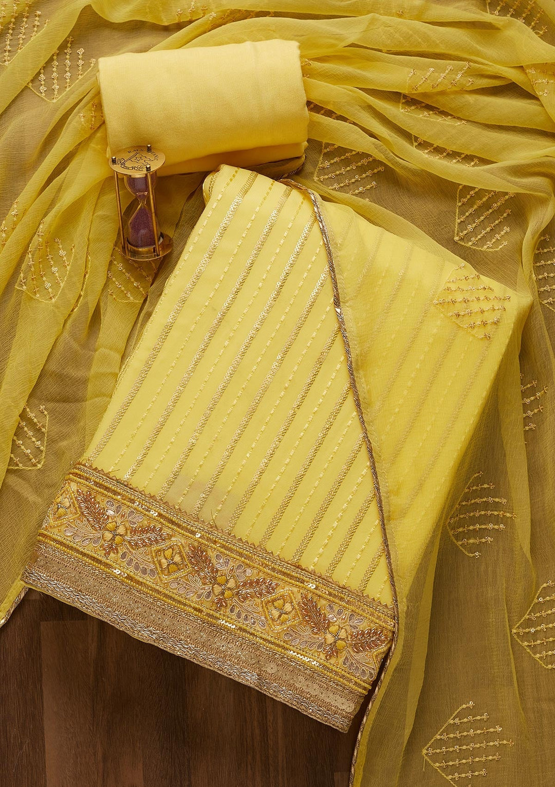 Lemon Yellow Zariwork Georgette Unstitched Salwar Suit-Koskii