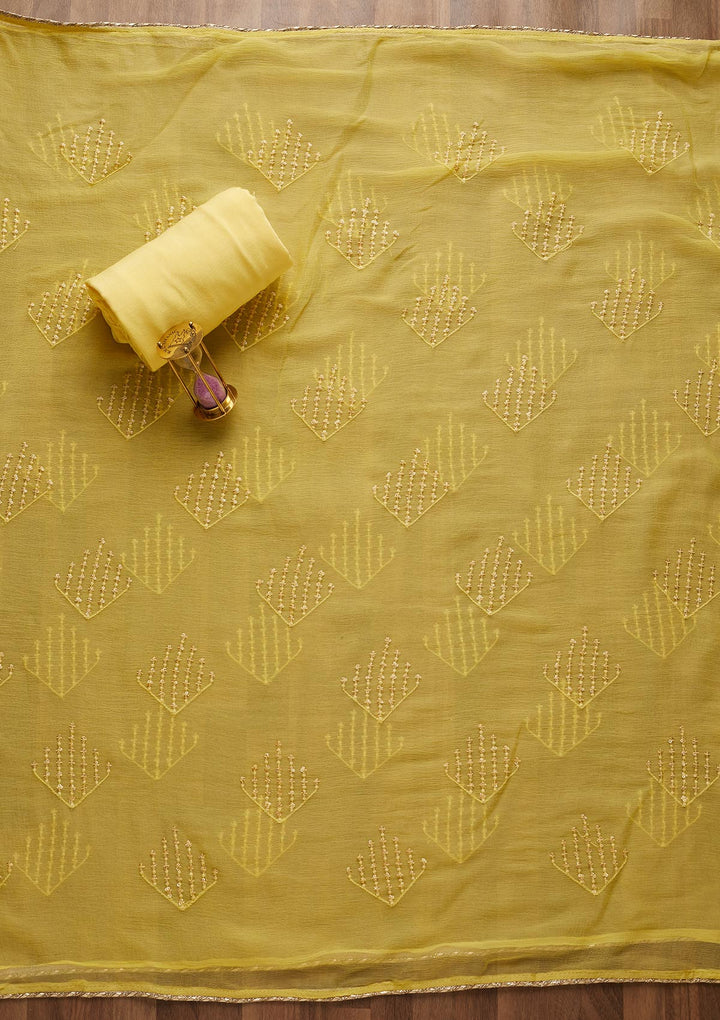 Lemon Yellow Zariwork Georgette Unstitched Salwar Suit-Koskii