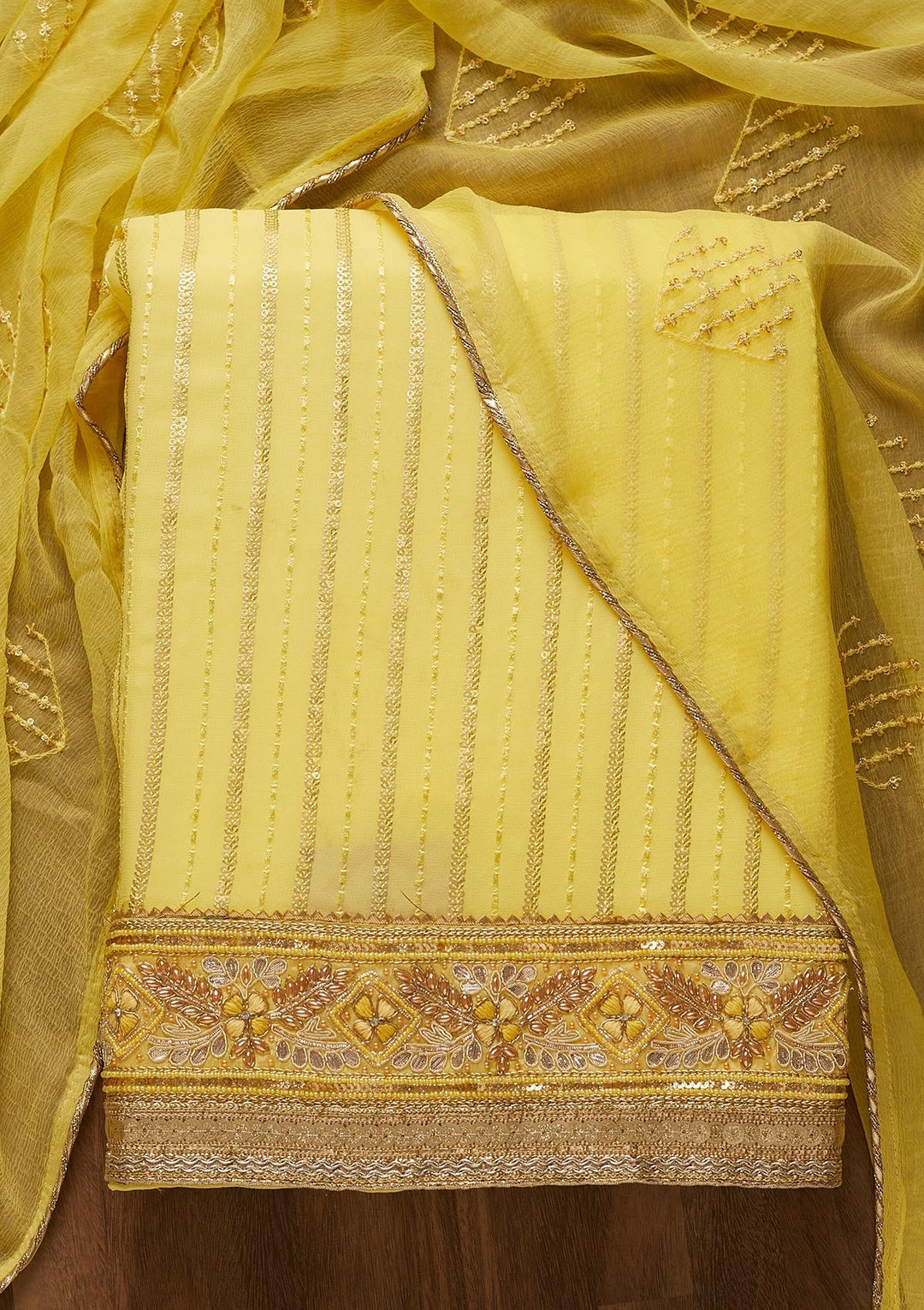Lemon Yellow Zariwork Georgette Unstitched Salwar Suit-Koskii