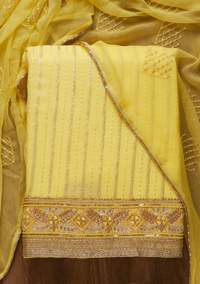 Lemon Yellow Zariwork Georgette Unstitched Salwar Suit-Koskii