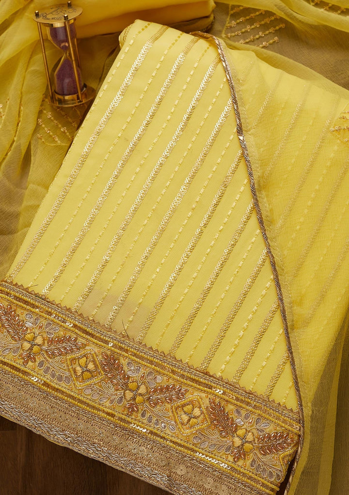 Lemon Yellow Zariwork Georgette Unstitched Salwar Suit-Koskii