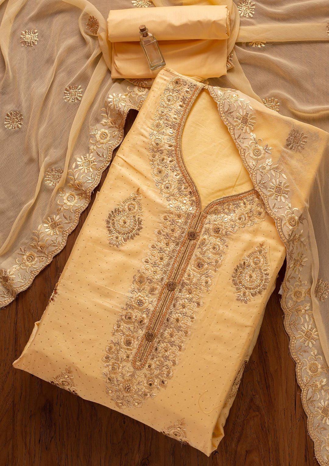 Lemon Yellow Zariwork Semi Crepe Designer Unstitched Salwar Suit - koskii