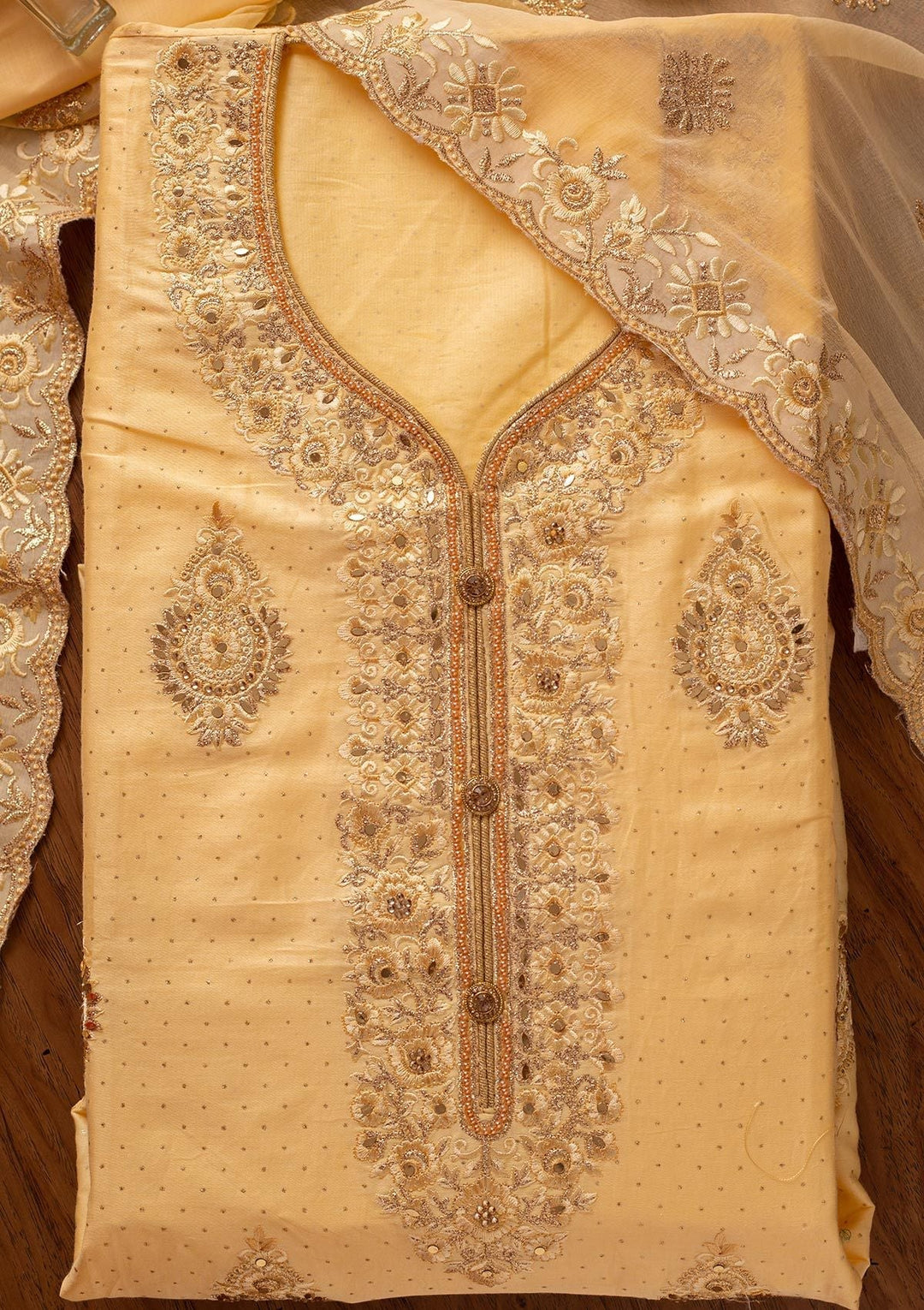 Lemon Yellow Zariwork Semi Crepe Designer Unstitched Salwar Suit - koskii