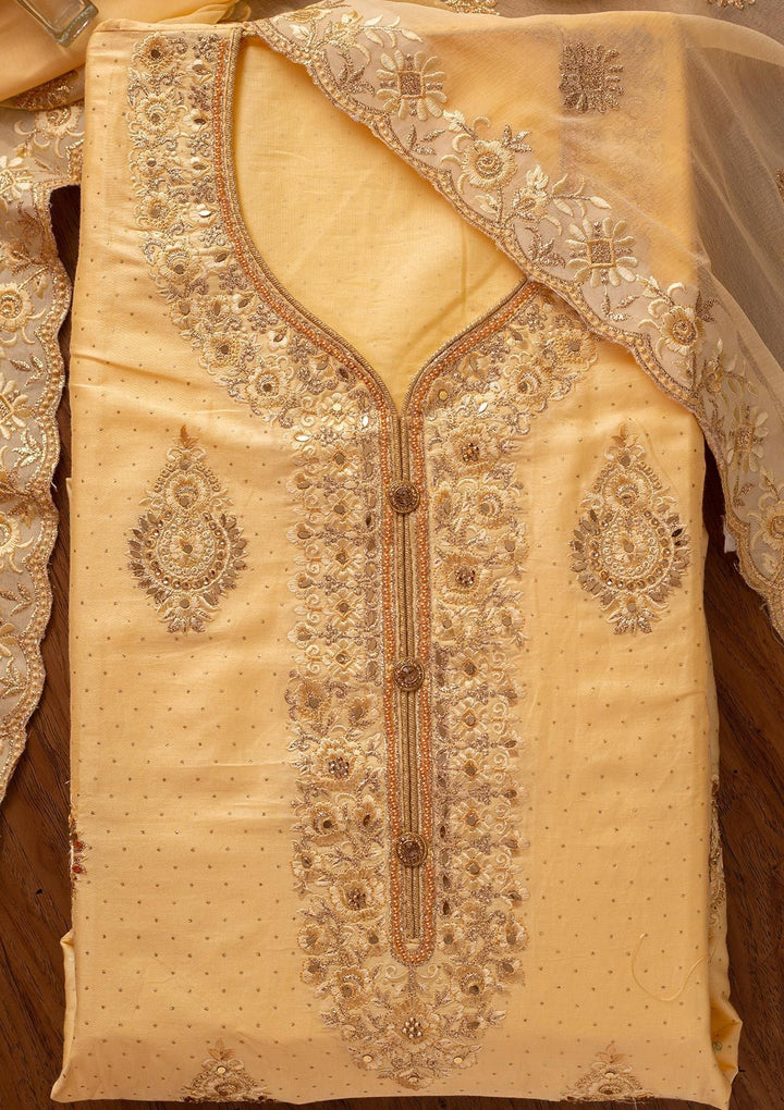 Lemon Yellow Zariwork Semi Crepe Designer Unstitched Salwar Suit - koskii
