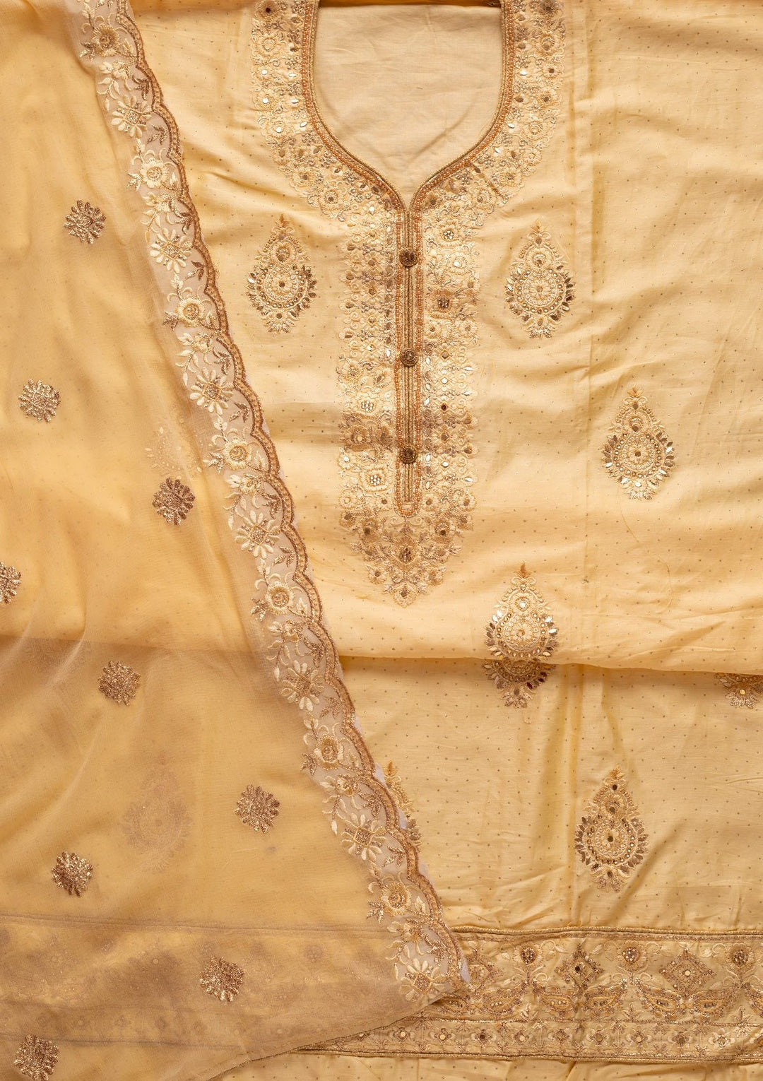 Lemon Yellow Zariwork Semi Crepe Designer Unstitched Salwar Suit - koskii