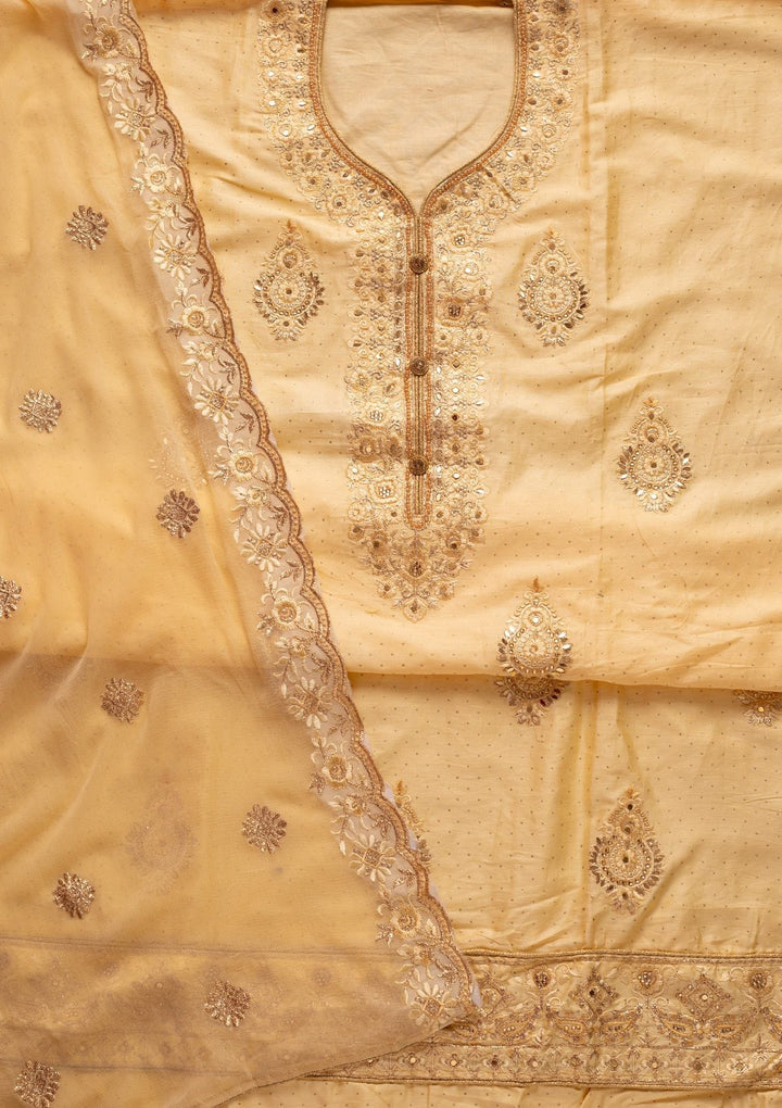 Lemon Yellow Zariwork Semi Crepe Designer Unstitched Salwar Suit - koskii